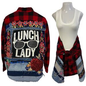 Upcycled Flannel Shirt Shacket Womens L Lunch Lady Grunge Patchwork Folk Art